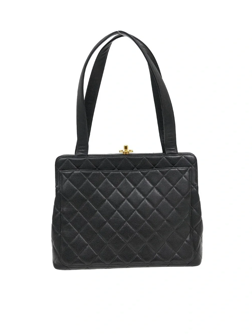 Authentic CHANEL kiss lock black caviar leather shoulder bag 24k hardware